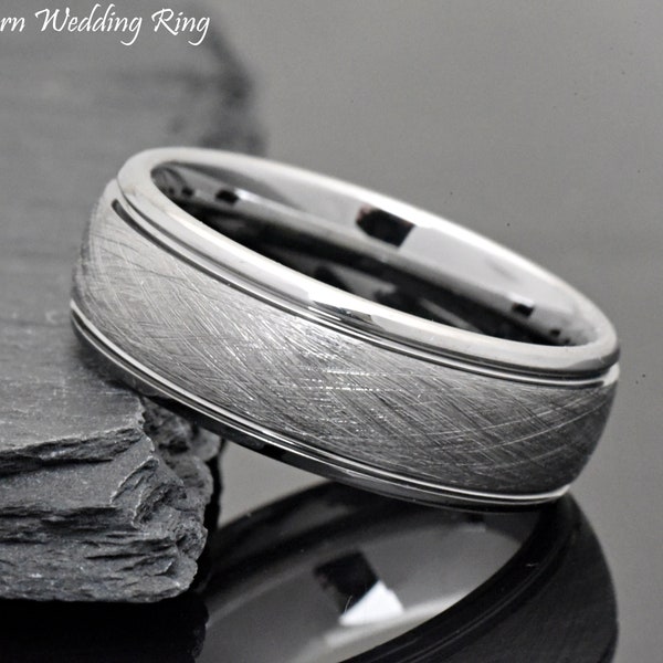 Grooved Tungsten Wedding Band, 8mm Men's Ring, Engravable