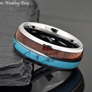 Turquoise Wedding Band, Aloha Hawaiian Koa Wood with Turquoise Inlay Tungsten Wedding Band, Men&#39;s Engagement Ring, Promise Ring