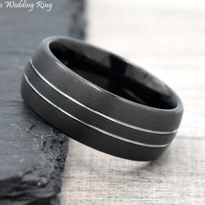 Black Dome Wedding Band with Steel Color Double Stripe Center, Brushed 8mm Dome Wedding Ring for Him, Laser Engraving Tungsten Ring