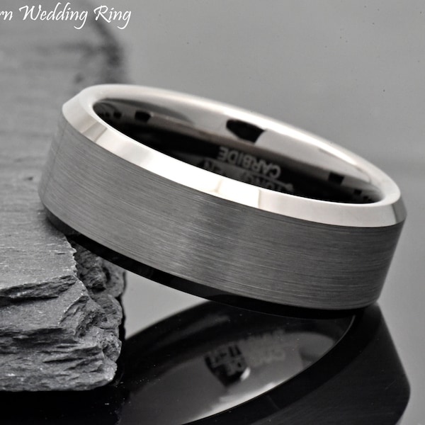 Gun Metal Wedding Band Men, Mens Wedding Band, Gray Wedding Ring Mens, Mens Wedding Ring, Brushed Center 8mm Promise Ring, Anniversary Gift