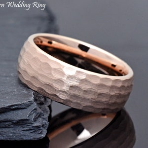 Rose Gold Wedding Band, Hammered Faceted Mens Unique Wedding Ring, Engraved Men&#39;s Wedding Band, 8mm Matted Tungsten Ring, Mens Tungsten Ring