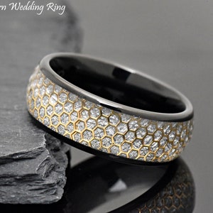 Gold Plated Hexagonal Honeycomb with Imitated Meteorite Inlay Black Dome Tungsten Ring, Mens Honeycomb Wedding Ring, Mens Womens Ring