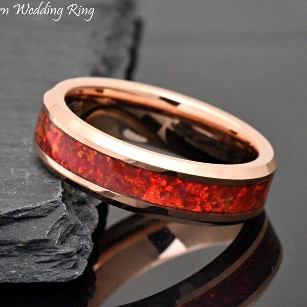 Red Fire Opal Inlay Rose Gold Wedding Band, Men's & Women's 6mm Width Tungsten Opal Ring, Synthetic Red Fire Opal Inlay Anniversary Ring