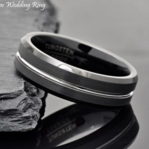Two Tone Ring, Mens Engraved Ring, 6mm Mens Wedding Band, Mens Tungsten Promise Ring Engraved, Black Wedding Ring, Brushed Rings for Him