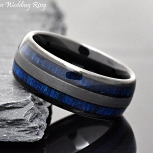 Two Inlay Exotic Blue Wood Inlay Dome Wedding Ring, 8mm Black Tungsten Wood Ring, Blue Wood Inlay Tungsten Wedding Band Men, Men's Wood Ring