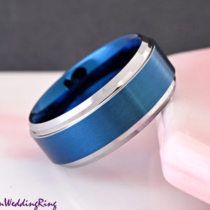 9mm Width Blue Tungsten Carbide Ring Men&#39;s Wedding Band Laser Engraved Promise Ring for Him Comfort Fit Anniversary Gift