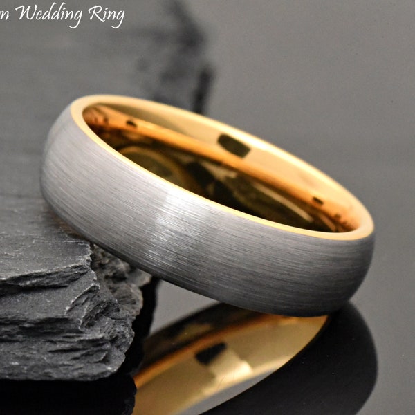 Gold Ion-Plated Inside Brushed Matted Tungsten Dome Wedding Band, Mens & Womens, Tungsten Wedding Ring, Classic Style Domed Engagement Ring