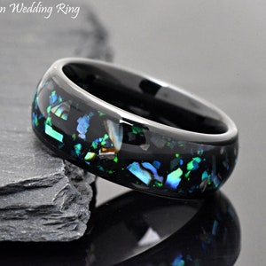 Opal & Abalone Fragment Inlay Men&#39;s Unique Black Ion Plated Dome Tungsten Wedding Ring, Synthetic Opal Abalone 8mm Ring, Anniversary Ring
