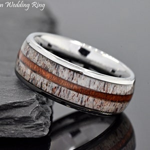 Thin Whiskey Barrel Strip with Deer Antler Inlay 8mm Dome Tungsten Carbide Ring Mens Wedding Band Engagement Ring Engraved Ring