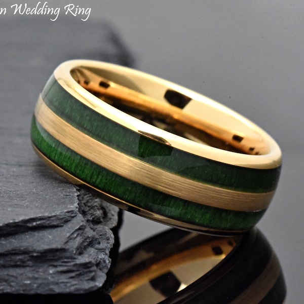 Two Inlay Exotic Green Wood Inlay Dome Gold Ion Plated Tungsten Wedding Ring, 8mm Tungsten Wood Ring, Wood Inlay Tungsten Wedding Band Ring