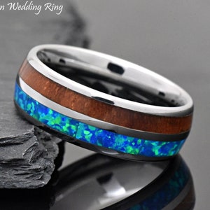 Unique Engagement Ring, Koa Wood & Blue Opal Inlay, Men&#39;s Tungsten Wedding Band, Lab Created Blue Opal, Hawaiian Koa, Laser Engraved Ring