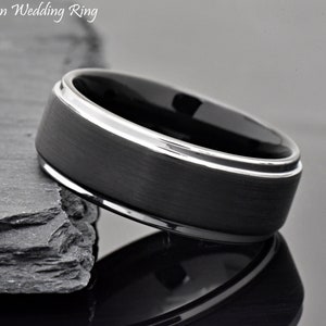 Male Wedding Band,Tungsten Ring Men,Men&#39;s Tungsten Wedding Ring,Black Unique Engagement Ring,Mens Tungsten Wedding Band,8mm Brushed Engraved