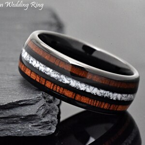 Mens Black Tungsten Wedding Band Hawaiian Koa with White Turquoise Inlay, Unique Men's Engagement Ring, Wood Turquoise Ring, Engraved Ring