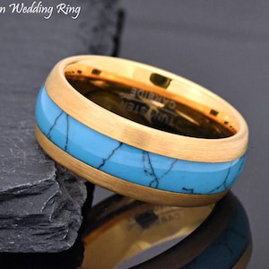 Gold Wedding Ring, Yellow Gold Plated Tungsten Wedding Band with Turquoise Inlay, Turquoise Engagement Ring, Promise Ring for Him 8mm