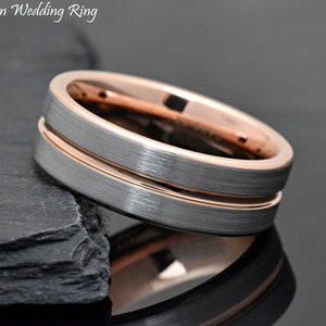 Pipe Cut Ring, Men&#39;s Tungsten Ring, 8mm Mens Wedding Band, Rose Gold Wedding Ring Mens, Male Wedding Ring, Promise Ring for Him, Engraved