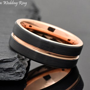 Black Pipe Cut Ring, Men&#39;s Tungsten Ring, 8mm Men Wedding Band, Rose Gold Wedding Ring, Male Wedding Ring, Promise Ring for Him, Engraved