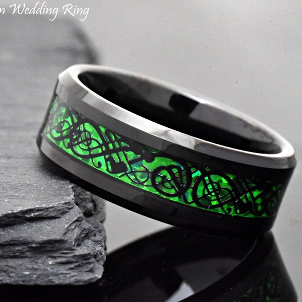 Green Celtic Dragon Inlay Black Tungsten Wedding Band Ring, Men's Celtic Ring, Black Tungsten Ring, 8mm Tungsten Ring, Anniversary Ring