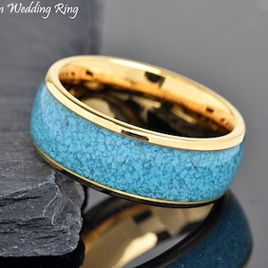 Gold Plated Tungsten Dome Engagement Ring with Crushed Turquoise Inlay, Unique Promise Ring for Men, Mens Tungsten Wedding Band 8mm
