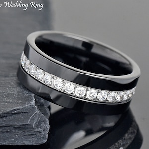 Mens Black Tungsten Wedding Band Clear Cubic Zirconia Eternity, CZ Tungsten Wedding Ring, Anniversary Ring, Mens Engagement Ring Tungsten