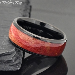 Red Burgundy Color Dyed Wood Inlay Black Tungsten Ring 8mm Men&#39;s Tungsten Carbide Wedding Band Laser Engraved Anniversary Gift