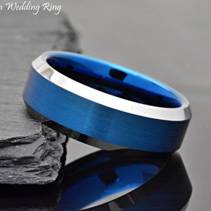 Unique Mens Wedding Ring, Blue Tungsten Wedding Band, Brushed 8mm Mens Engraved Band, Male Wedding Band, Mens Free Laser Engrave Ring
