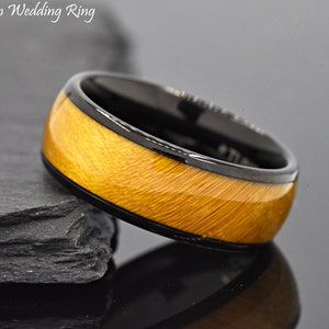 8mm Black Tungsten Ring with Caramel Color Stain Solid Wood Inlay, Unique Color Wood Inlay Tungsten Engagement Ring, Mens Wedding Band Wood