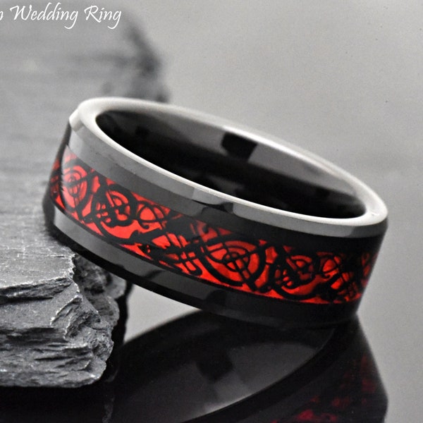 Black Tungsten Wedding Ring with Red Celtic Dragon Inlay, Men's Celtic Ring, Black Tungsten Ring, 8mm Tungsten Ring, Anniversary Ring