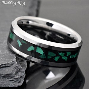 Green Stone Malachite Chips Inlay Tungsten Ring, Stone Wedding Ring, Engraved Tungsten Wedding Band, 8mm Tungsten Ring, Anniversary Ring