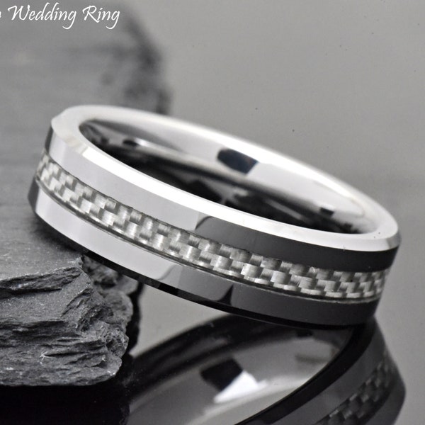 6mm High Polished Tungsten with Grey Carbon Fiber Inlay Anniversary Ring Band, Tungsten Anniversary Ring Engraved, Anniversary Ring for Him