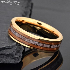 6mm Gold Tungsten Men&#39;s Deer Antler & Whiskey Barrel Wood Inlay Unique Wedding Ring, Wood Antler Wedding Band, Mens Anniversary Ring