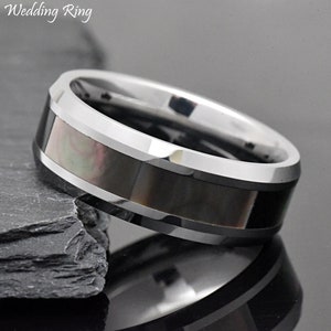 Natural Dark Pearl Inlay Wedding Ring, High Polished Tungsten Wedding Band, Men&#39;s Engagement Ring, Promise Ring for Him 8mm