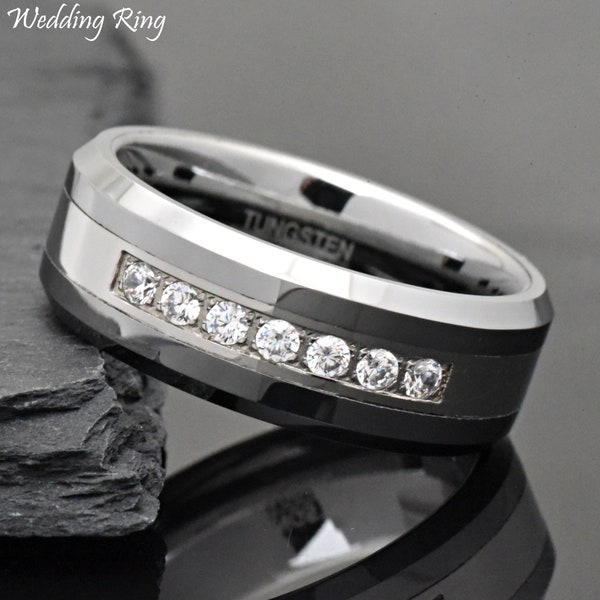 8mm Tungsten CZ Prong Set Wedding Band, Mens Tungsten Wedding Ring, Cubic Zirconia Centered High Polished Tungsten Carbide Engagement Ring