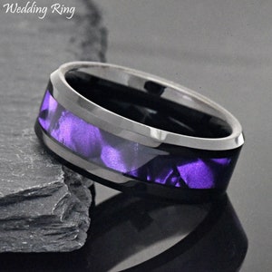 Black Tungsten Wedding Band, Purple Cowrie Shell Inlay, Engraved Promise Ring