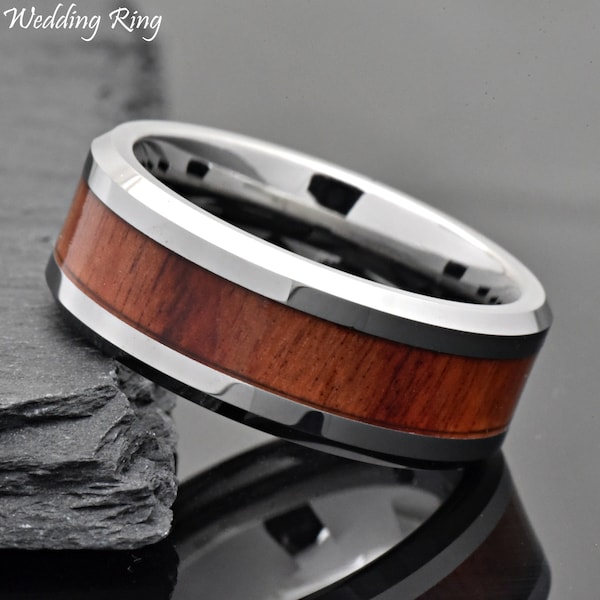 Tungsten Carbide Wedding Band, Koa Wood Inlay, 8mm Beveled Edge Ring, Comfort Fit