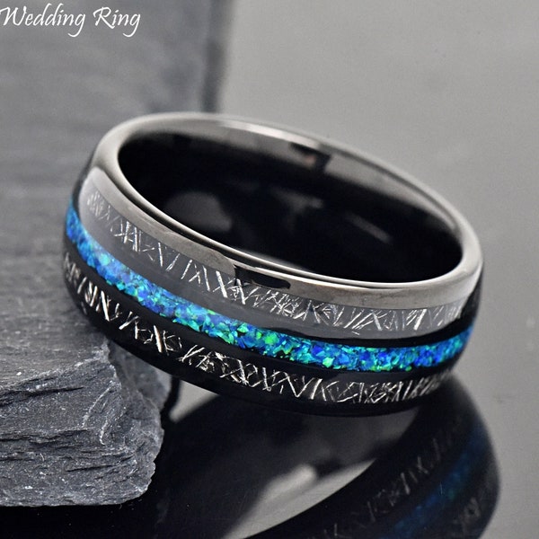 Dome Black Tungsten Wedding Band Blue Opal & Titanium Chips Inlay, Unique Anniversary Ring, Tungsten Wedding Ring, Promise Ring for Him 8mm