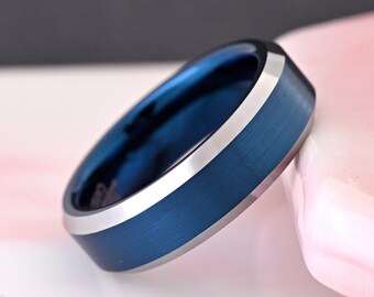 6mm Width Blue Tungsten Carbide Ring Steel Color Edge Men's Wedding Band Laser Engraved Promise Ring for Him Comfort Fit Anniversary Gift