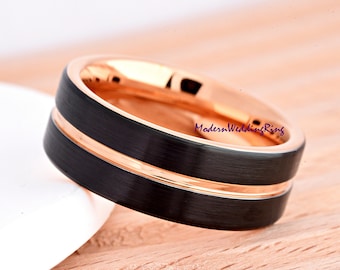 Brushed Matte Black Tungsten Ring / Men's 8mm Pipe Cut Tungsten Carbide Wedding Band / Rose Gold Plated Grooved Center / Anniversary Gift