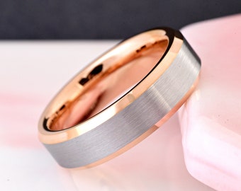 6mm Width Rose Gold Plated Tungsten Carbide Ring with Gunmetal Brushed Center Women's Men's Wedding Band Laser Engraved Promise Ring for Him