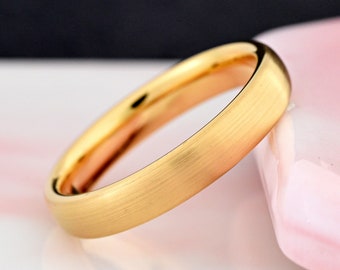 4mm Width Brushed Gold Plated Tungsten Carbide Ring Minimalist Wedding Band Laser Engraved Anniversary Gift Classic Dome Engagement Ring