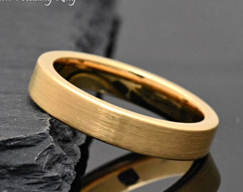 4mm Gold Tungsten Ring, Mens & Womens, Unique Pipe Cut Wedding Band, Couples Ring, Promise Ring, Brushed, Anniversary Band, Gift Ideas