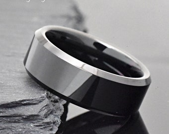 High Polished Black Tungsten Carbide Wedding Band, Mens Tungsten Promise Band, Engagement Ring, Black  Ring, Laser Engraved Anniversary Ring