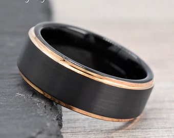 Promise Ring, Mens Promise Ring Rose Gold, Mens Ring, Black Tungsten with Rose Gold Edge Ring, Free Laser Engraving, Mens Wedding Band