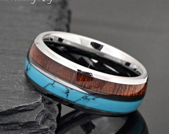 Turquoise Wedding Band, Aloha Hawaiian Koa Wood with Turquoise Inlay Tungsten Wedding Band, Men's Engagement Ring, Promise Ring