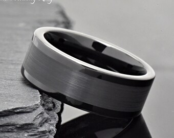 Mens Black Ring, Black Wedding Ring, Tungsten Mens Promise Ring, Engraved Ring for Him, 8mm Mens Tungsten Wedding Band, Free Laser Engraving