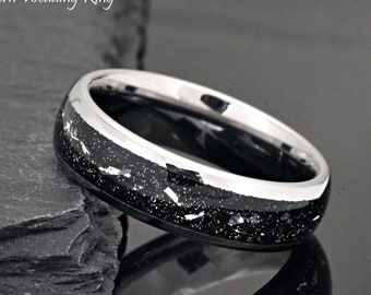 Men's Women's 6mm Silver Tungsten Wedding Band Meteorite, Dome Wedding Ring, Imitation Meteorite Inlay, Tungsten Engraved Anniversary Ring