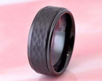 Black Tungsten Carbide Hamered Wedding Band Laser Engraving Anniversary Ring Promise Ring for Him Minimalist Black Ring 8mm Engagement Ring