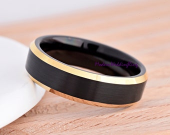 Black Tungsten Ring / Men's 6mm Tungsten Carbide Wedding Band / Brushed Matte Center Gold Plated Beveled Edge / Engraved Anniversary Gift