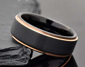 Promise Ring, Mens Promise Ring Rose Gold, Mens Ring, Black Tungsten with Rose Gold Edge Ring, Free Laser Engraving, Mens Wedding Band