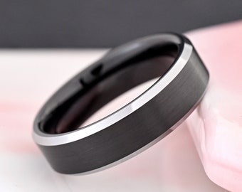 6mm Width Steel Color Beveled Edge Brushed Black Center Tungsten Carbide Ring Minimalist Wedding Band Laser Engraved Anniversary Gift