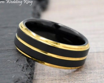 Gold & Black Ion Plated Pinstripe Unique 8mm Tungsten Ring, Tungsten Wedding Band, Men's Promise Ring, Engraved Anniversary Tungsten Ring